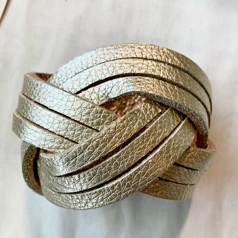 Bracelet gold leather woven knot statement snap closure